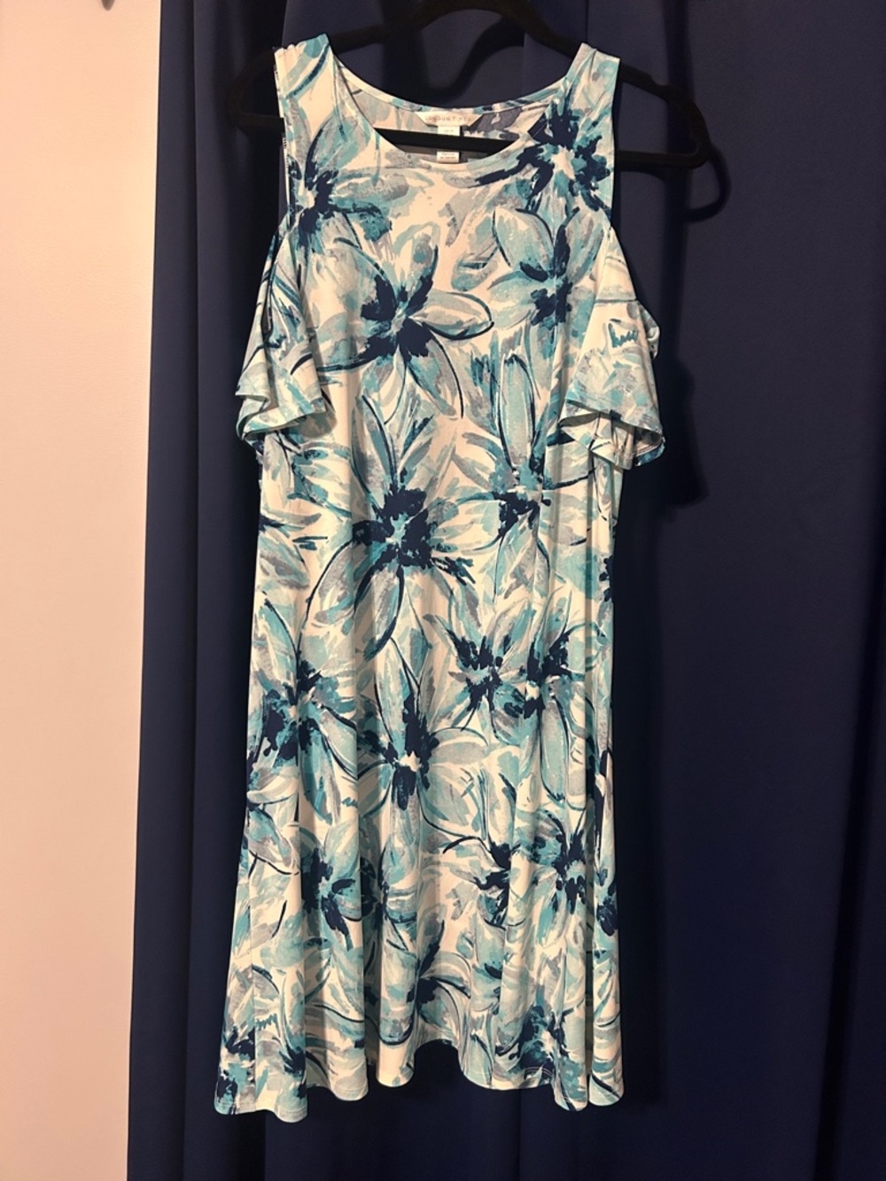 Cold Shoulder Floral Swing Dress - Blue